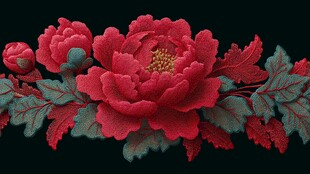 红色刺绣牡丹花卉图案