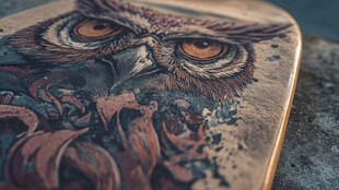 猫头鹰图案滑板特写