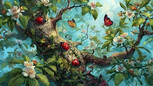 春日繁花树间的虫蝶之景