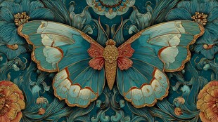 蓝蝶栖于繁花间艺术图景