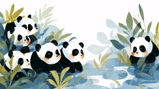 竹林中的可爱熊猫群