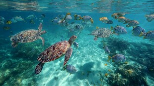 海龟与群鱼共游美丽海底