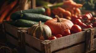 木筐中的多彩新鲜蔬菜