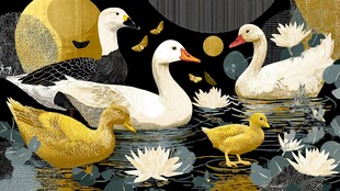 荷塘金鸭白鹅共赏月色