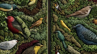 多彩鸟儿栖息绿植墙间