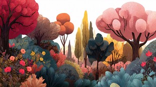 梦幻多彩森林景观插画