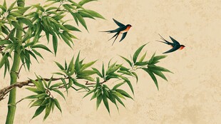竹枝间双燕飞舞图景