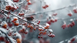 雪中红果上的栖息小鸟