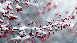 雪中红果上的两只小鸟