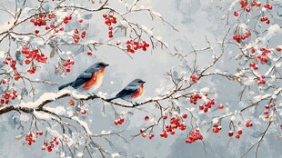 雪中双鸟栖于红果枝头
