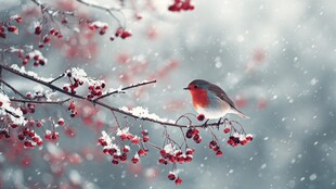 雪中红雀栖于覆雪浆果枝