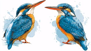 两只翠鸟的水彩插画