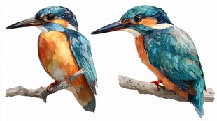 两只翠鸟栖于枝上