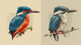 两幅翠鸟插画展示