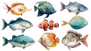 水彩风格多彩鱼类集合