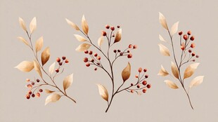 秋日浆果枝叶插画元素