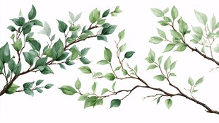 清新绿叶树枝水彩插画