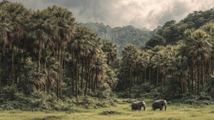 绿野间的双象与葱郁树林