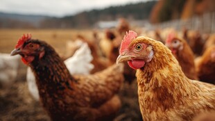 鸡群聚集在户外田园场景