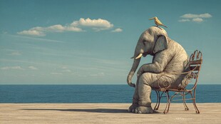 大象椅上坐 小鸟伴身旁