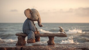 小象与小鸟海边温馨一刻