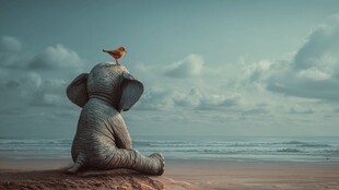 大象与小鸟海边静谧时刻