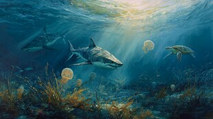 海底世界 鲨鱼海龟共舞