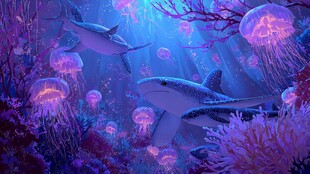 梦幻深海 鲨鱼与水母共舞