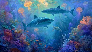 梦幻海底鲨鱼与多彩珊瑚