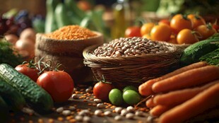 多彩新鲜蔬果与谷物展示