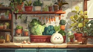 温馨室内绿植与可爱白菜摆件