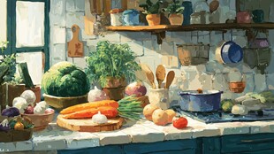 温馨厨房的多彩新鲜蔬果