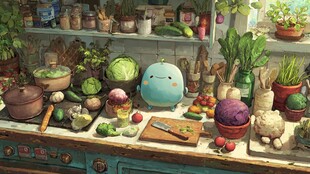 可爱萌物置身多彩蔬菜厨房