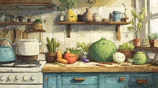 可爱蔬菜装点的温馨厨房