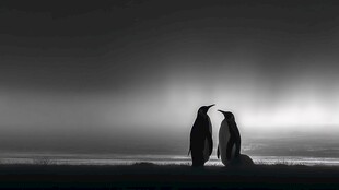 黑白剪影下的企鹅浪漫时刻