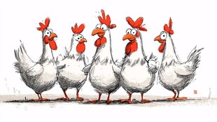 五只可爱站立的卡通鸡