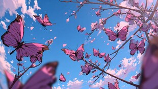 梦幻粉蝶纷飞于花枝间