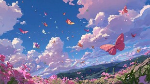 梦幻蝶舞花海天空之景