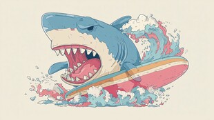 鲨鱼冲浪奇幻插画