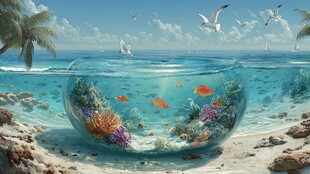 海边鱼缸中的梦幻海底世界
