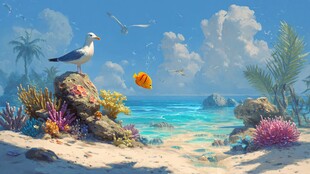 海边礁石上的海鸥与小鱼