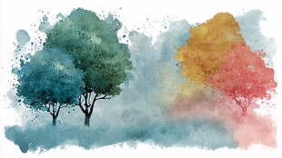 水彩绘就的多彩树木风景