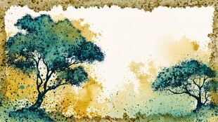 水彩风双树自然风景图