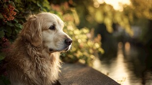 夕阳下的金毛犬