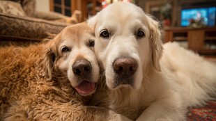 依偎的两只金毛犬