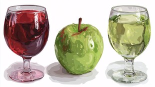 苹果与两杯不同颜色饮品