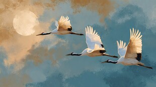 明月下三鹤翱翔天际