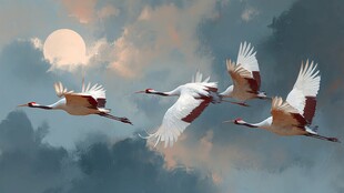 夕阳下丹顶鹤翱翔天际