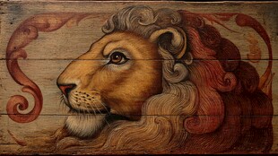 木质板绘雄狮头像艺术图