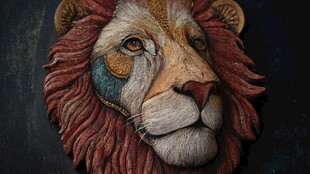 彩色木雕雄狮头像特写